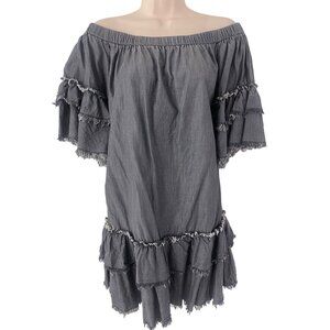 Elan Grey Chambray Frayed Tiered Off Shoulder Tunic Dress Size M Summer Vacation